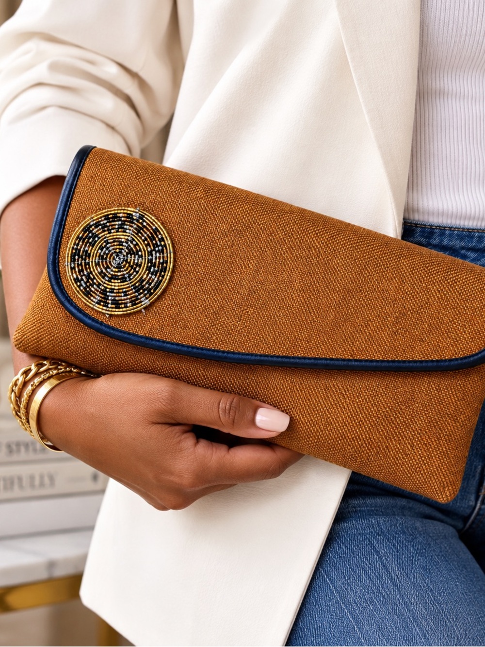 Textured Tan Fold-Over Clutch with Navy Trim